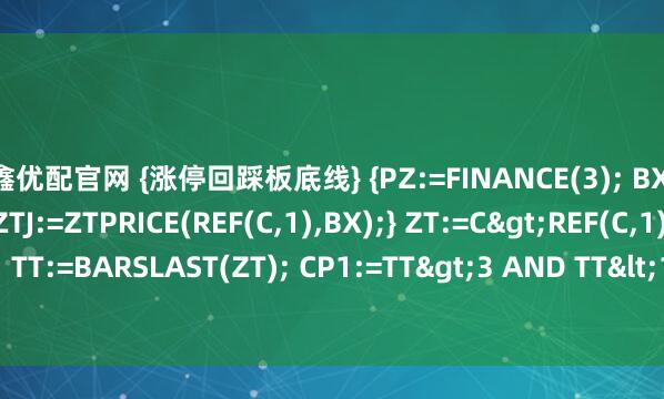 中鑫优配官网 {涨停回踩板底线} {PZ:=FINANCE(3); BX:=IF(PZ=1,0.1,0.2); ZTJ:=ZTPRICE(REF(C,1),BX);} ZT:=C>REF(C,1)*1.09 AND C=H; TT:=BARSLAST(ZT); CP1:=TT>3 AND TT<15; CP2:=L=LLV(L,TT); CP3:=L/RE